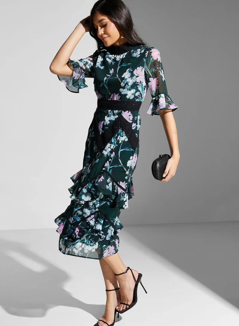 Hope & Ivy Floral Print High Neck Ruffle Dress