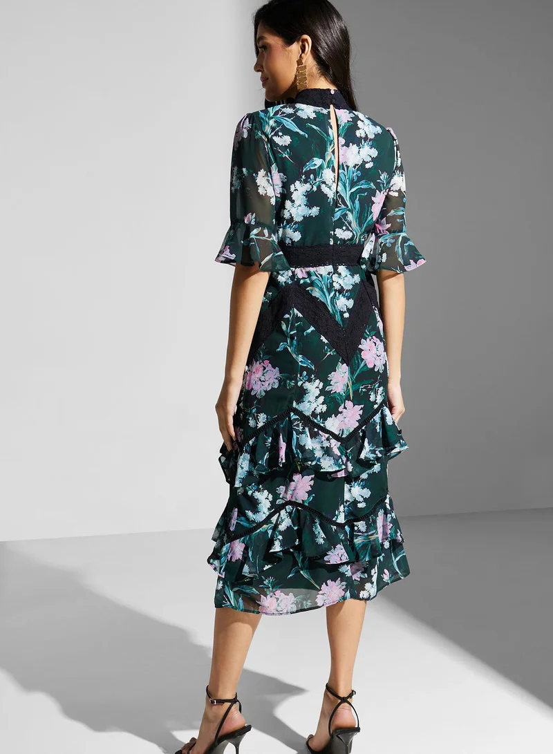 Hope & Ivy Floral Print High Neck Ruffle Dress