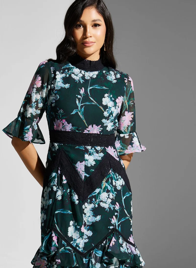 Hope & Ivy Floral Print High Neck Ruffle Dress