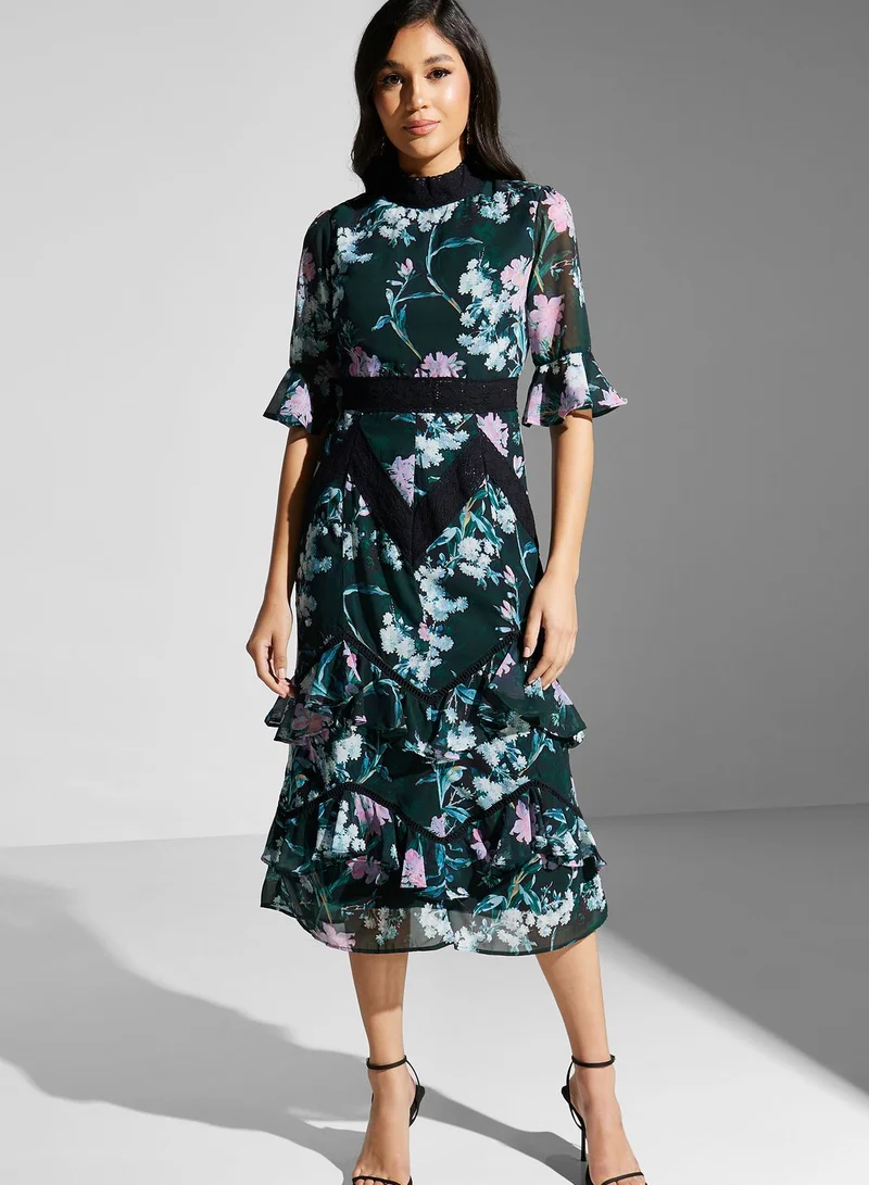 Hope & Ivy Floral Print High Neck Ruffle Dress