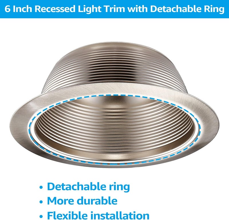 TORCHSTAR 6 Inch Recessed Can Light Trim Stylish Decor, Step Baffle with Detachable Ring, Full Metal, Fit Halo/Juno Remodel Recessed Housing, Satin Nickel, Pack of 6 - Image 3