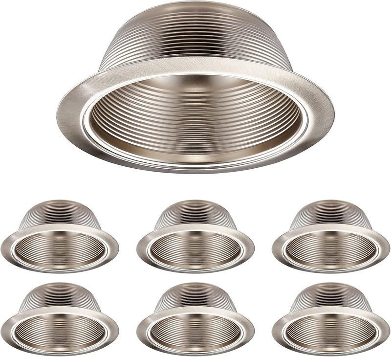 TORCHSTAR 6 Inch Recessed Can Light Trim Stylish Decor, Step Baffle with Detachable Ring, Full Metal, Fit Halo/Juno Remodel Recessed Housing, Satin Nickel, Pack of 6 - Image 1