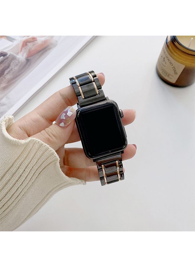 Replacement Strap Five Beads Ceramic Steel Watch Band For Apple Watch Ultra 49mmWatch Ultra 2 49mm / Series 987 45mm / SE 3SE 26SE54 44mm / 321 42mm Black + Rose Gold