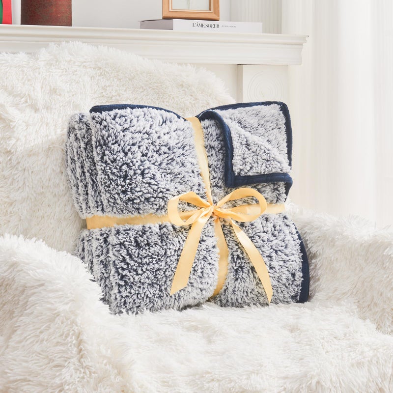 EMME Soft Sherpa Throw Blanket Fleece Reversible Plush Fluffy Blanket, Light Weight Warm Decorative Boho Blanket Cover for Sofa, Couch, Bedroom,Travel(Plush Navy,50"x60") - Image 5