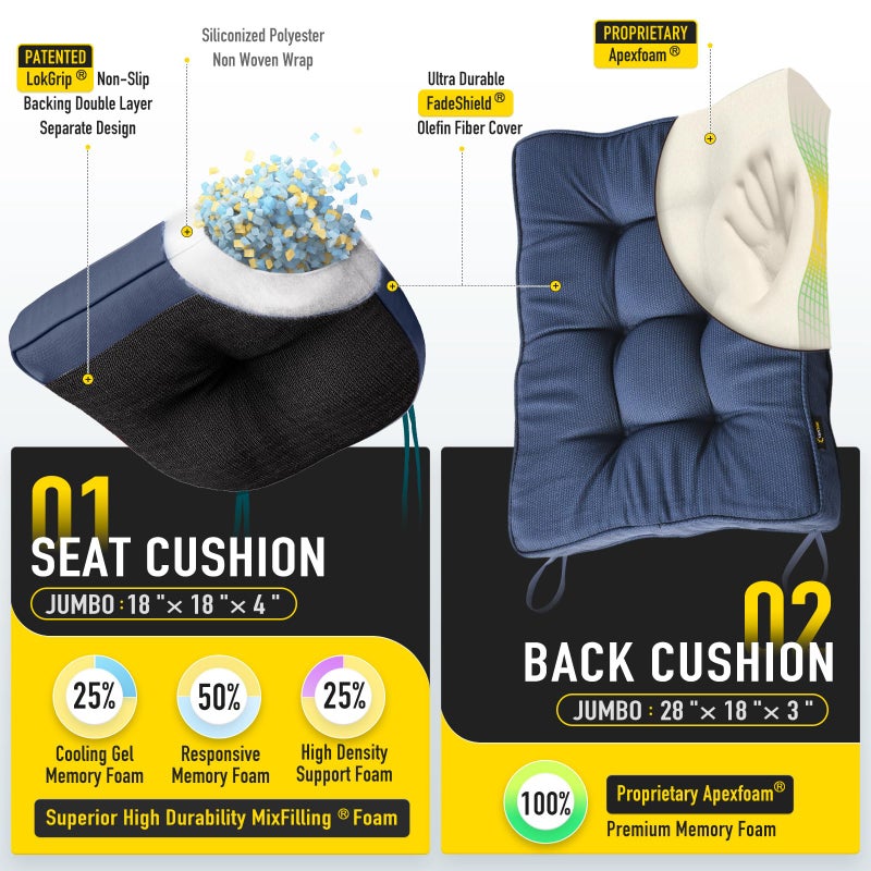 SUNROX Memory Foam Non Slip Rocking Chair Cushion, FadeShield Water Resistant Thicken Durable Tufted Pads, Set of Seat & Back Cushion with Ties for Indoor/Outdoor Rocker, 2 Piece, Charcoal Blue - Image 2