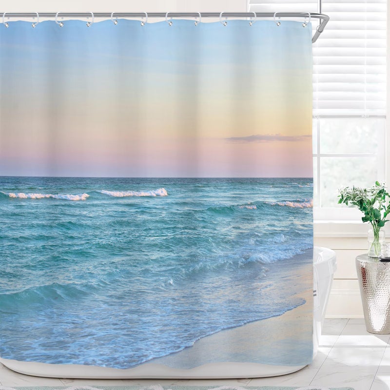 Riyidecor Ocean Beach Shower Curtain for Bathroom Decor 72Wx72H Beachy Hawaiian Waves Sea Blue Pink Tropical Coastal Seaside Scene Island Art Printed Fabric Polyester Waterproof 12 Pack Plastic Hooks