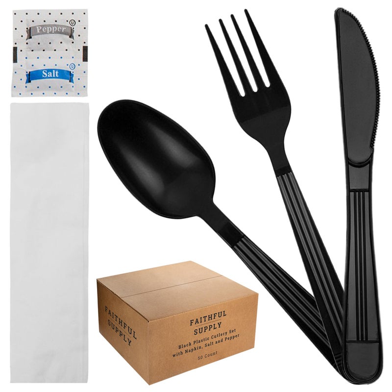 Faithful Supply 125 ct Black Plastic Silverware Individually Wrapped Packaged Plastic Utensils Set Wrapped Prewrapped Cutlery Packets Disposable with Napkin To Go Utensils Perfect for Food Trucks