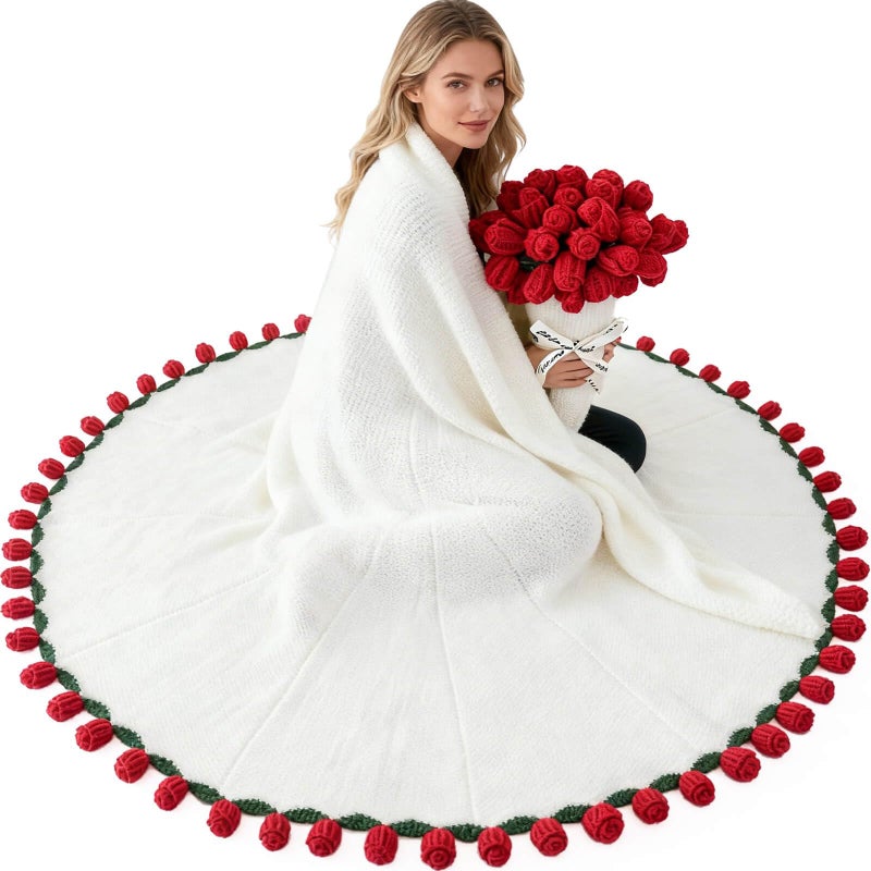 Acteb Finished Crochet Flower Bouquet Blanket Valentine Gifts, Handmade Knitted Rose Flower Throw Blankets, White Elephant Gift for Adults Teens Kids Funny Useful, 74 Inch - Image 1