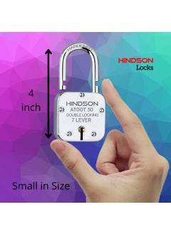 HINDSON HINDSON Small Lock Atoot 50mm with 3 Key Atoot 50 Steel Double Locking 7 Lever Hardened Shackle Padlock for Door Gate Shutter Finish Silver Atoot 50 Pack of 4  - Image 3