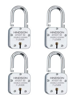 HINDSON HINDSON Small Lock Atoot 50mm with 3 Key Atoot 50 Steel Double Locking 7 Lever Hardened Shackle Padlock for Door Gate Shutter Finish Silver Atoot 50 Pack of 4  - Image 1