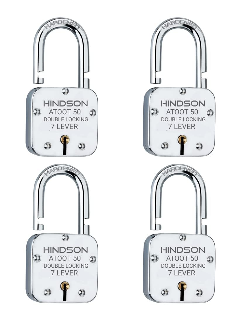 HINDSON HINDSON Small Lock Atoot 50mm with 3 Key Atoot 50 Steel Double Locking 7 Lever Hardened Shackle Padlock for Door Gate Shutter Finish Silver Atoot 50 Pack of 4  - Image 1