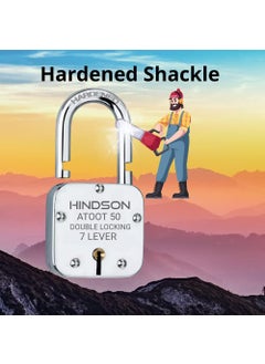 HINDSON HINDSON Small Lock Atoot 50mm with 3 Key Atoot 50 Steel Double Locking 7 Lever Hardened Shackle Padlock for Door Gate Shutter Finish Silver Atoot 50 Pack of 4  - Image 2