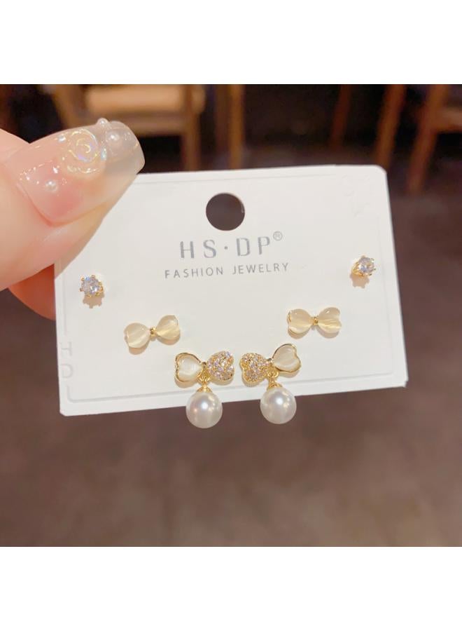 S925 Silver Needle Micro Inlaid Zircon Short Earrings Short Hair Earrings And Korean Elegant All-match Simple Three-piece Set Earrings For Women 