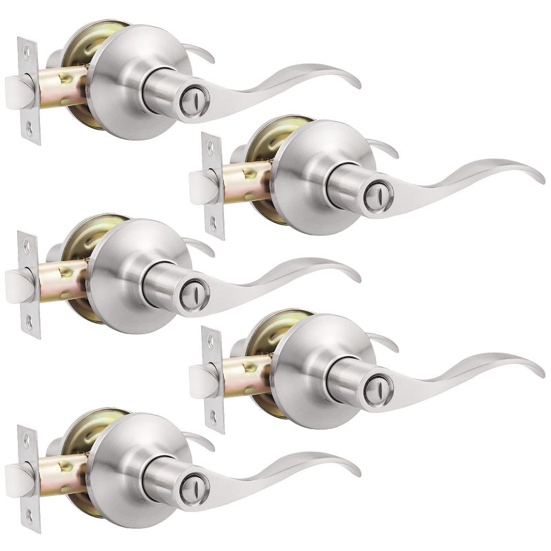 GOBEKOR 5 Pack Brushed Nickel Door Handle Interior Door Levers Privacy for Bedroom Bathroom Door Lock Keyless Wave Lever Door Handles - Image 1