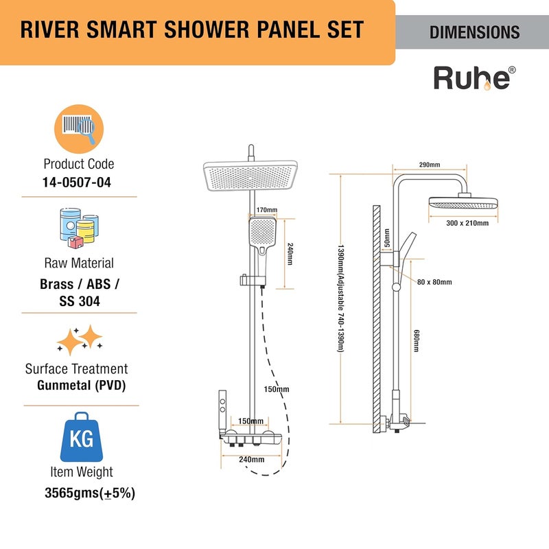 Ruhe River Smart Shower Panel Set 4in1 Multi Flow Functions Digital Display Piano Button Shower Panel System Includes Overhead Shower Hand Shower and Dual Mode Water Spray Health Faucet - Image 2