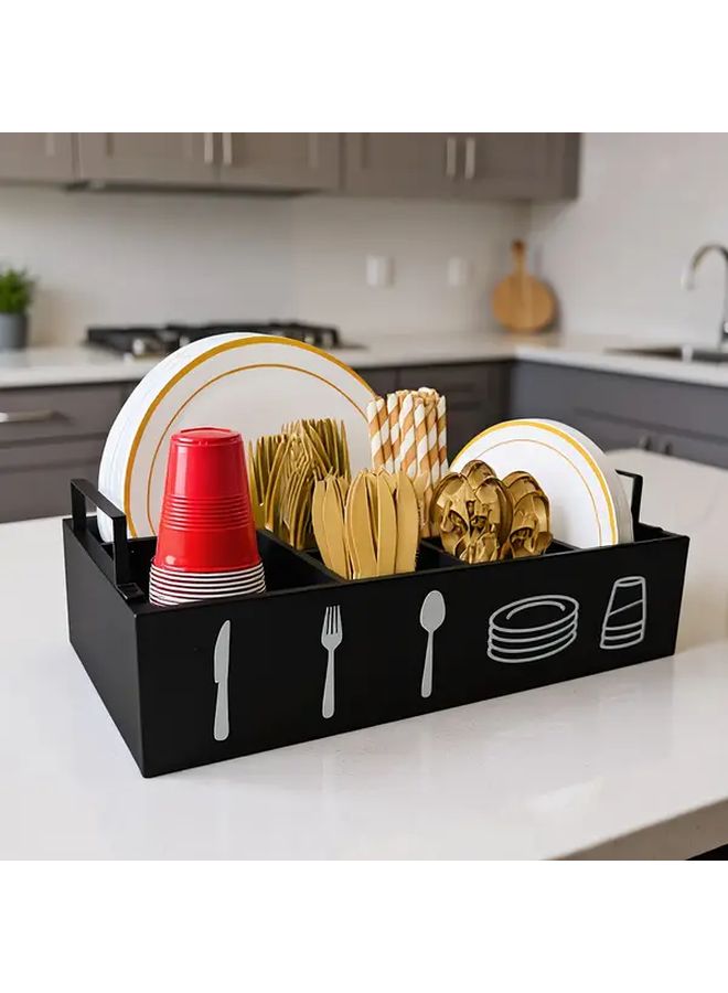 White Wooden Kitchen Organizer With Handle For Plate Cup Fork And Spoon Storage Home Camping Buffet Use - Image 2