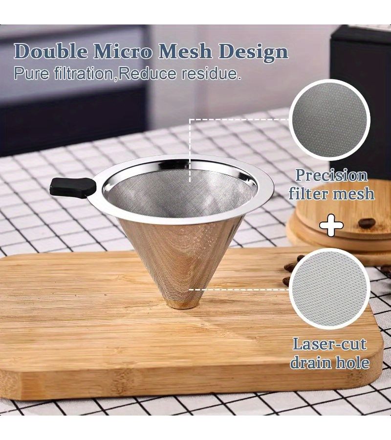 Stainless Steel Coffee Filter Cup Reusable Silicone Handle No Paper Required - Image 2