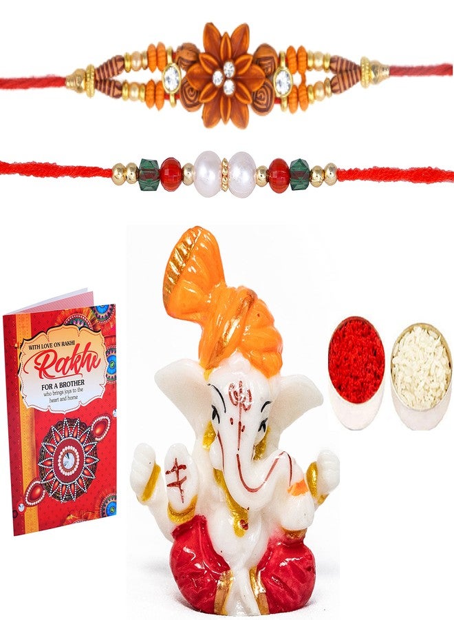 MANTOUSS Rakhi for brother/Rakhi for brother combo/Set of 2 rakhi for brother with gift-Floral Rakhi+Beads Rakhi+Showpiece figurine +Roli, Chawal+Rakshabandhan Greeting card - Image 1