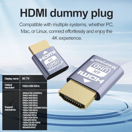 Malarpon HDMI Dummy Plug fit-Headless Display Emulator DDC EDID Headless Ghos with Windows Mac OSX Linux Great for Graphics Acceleration Support 3840x2160@60Hz 2P - Image 2