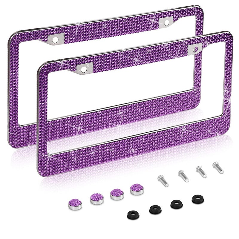 2 Pack Bling License Plate Frame，Handcrafted Bling Rhinestone Premium Stainless Steel License Plate Frame，14 Facets Clear Color Rhinestone Crystal (Dark-Purple)