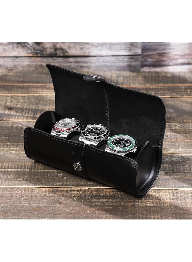 PROMASS منظم الساعات، حافظة لف من الجلد الأصلي، تخزين واقي للساعات، حقيبة مجوهرات وحامل ساعات، هدية إكسسوار للرجال بثلاث فتحات (أسود) - Image 1