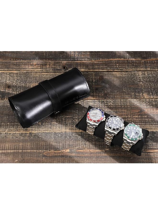PROMASS منظم الساعات، حافظة لف من الجلد الأصلي، تخزين واقي للساعات، حقيبة مجوهرات وحامل ساعات، هدية إكسسوار للرجال بثلاث فتحات (أسود) - Image 2