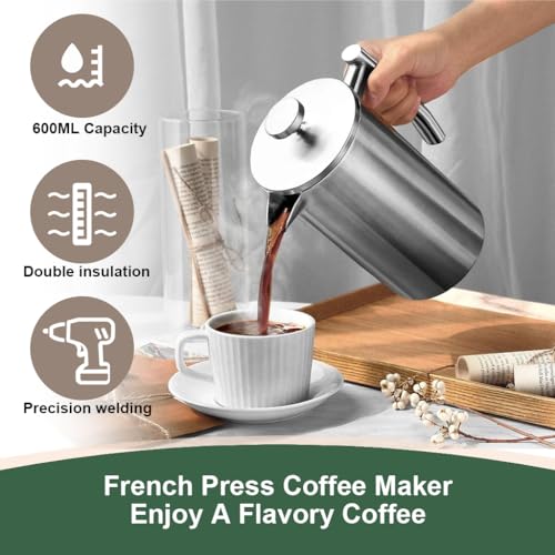 Supvox® French Press Coffee Maker 600ML with Coffee Power Jar Double Insulated 304 Stainless Steel Coffee Maker with 4 Level Premium Filtration System Tea Pot Coffee Pot Rust-Free, Dishwasher Safe - Image 3