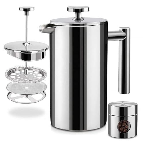 Supvox® French Press Coffee Maker 600ML with Coffee Power Jar Double Insulated 304 Stainless Steel Coffee Maker with 4 Level Premium Filtration System Tea Pot Coffee Pot Rust-Free, Dishwasher Safe - Image 1