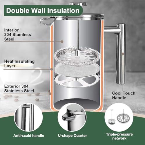 Supvox® French Press Coffee Maker 600ML with Coffee Power Jar Double Insulated 304 Stainless Steel Coffee Maker with 4 Level Premium Filtration System Tea Pot Coffee Pot Rust-Free, Dishwasher Safe - Image 4