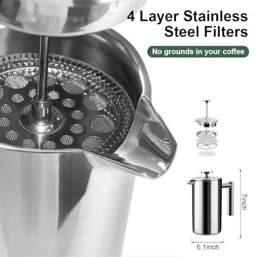 Supvox® French Press Coffee Maker 600ML with Coffee Power Jar Double Insulated 304 Stainless Steel Coffee Maker with 4 Level Premium Filtration System Tea Pot Coffee Pot Rust-Free, Dishwasher Safe - Image 2