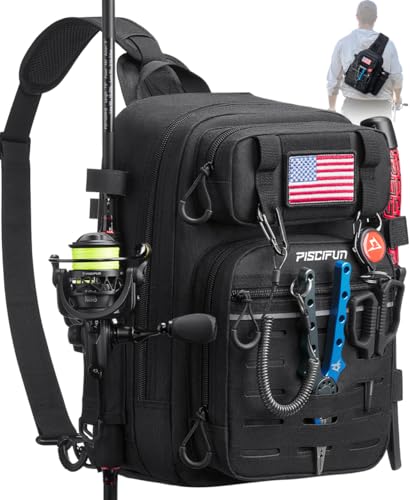 Piscifun Fishing Backpack Tackle Bag with 2 Rod Holders MultiCompartment Storage MOLLE System WaterResistant Lightweight Outdoor PackSingle Shoulder Black Standard - Image 1