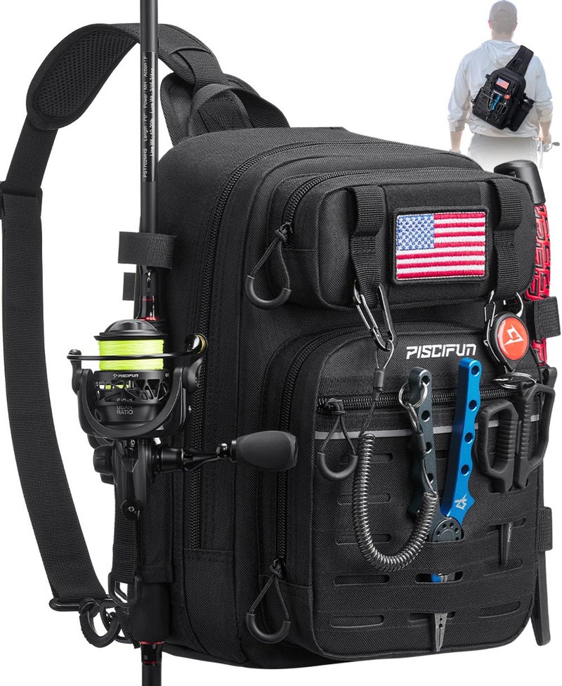 Piscifun Fishing Backpack Tackle Bag with 2 Rod Holders MultiCompartment Storage MOLLE System WaterResistant Lightweight Outdoor PackSingle Shoulder Black Standard - Image 2