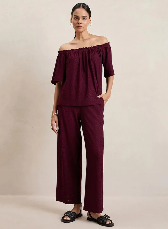 Femmella Femmella Knitted Schiffli Off Shoulder Neck Top