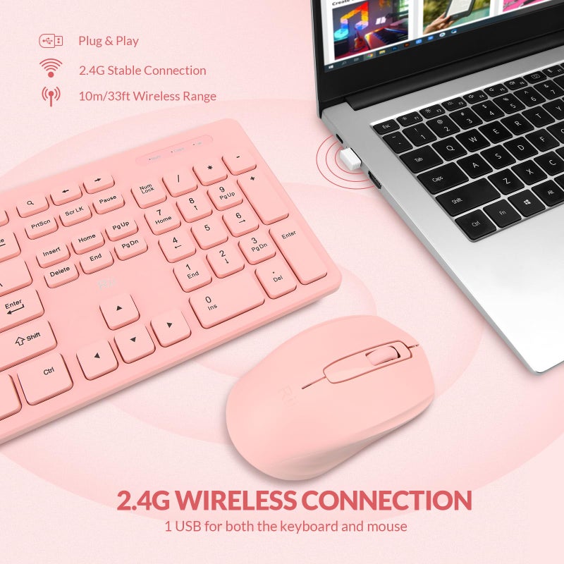 RII Wireless Keyboard and Mouse Combo - Rii Standard Office PC Keyboard and Optical Wireless Mice (Pink) - Image 2