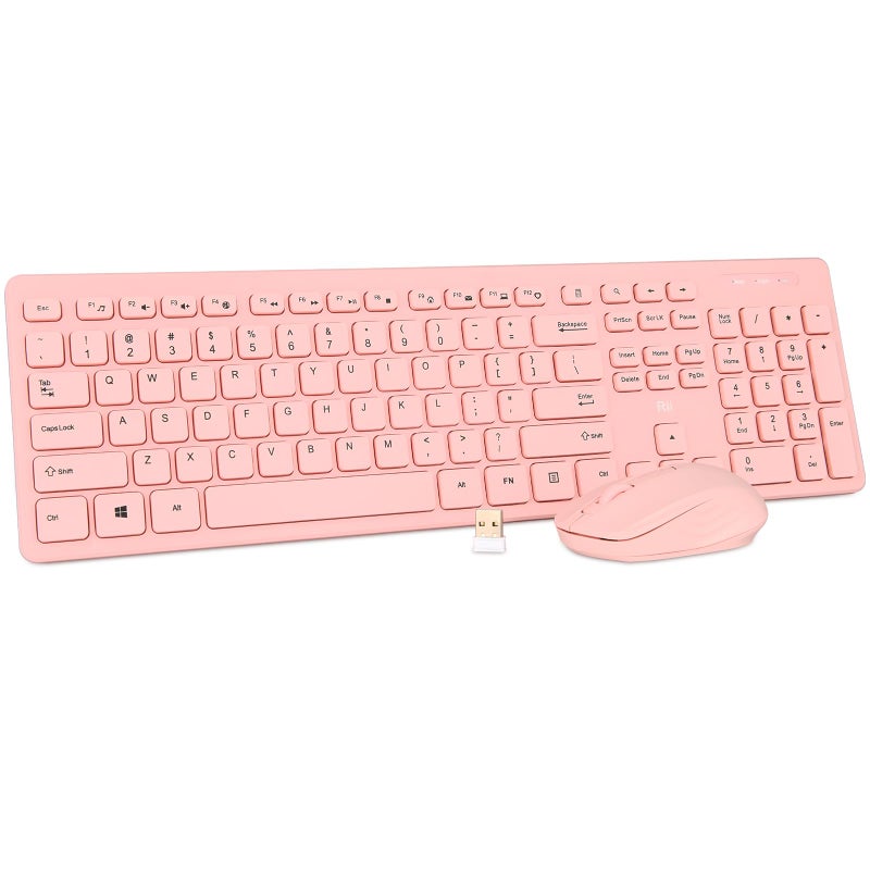 RII Wireless Keyboard and Mouse Combo - Rii Standard Office PC Keyboard and Optical Wireless Mice (Pink) - Image 1