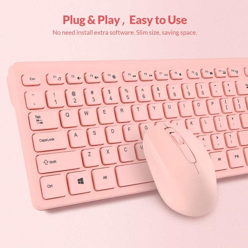 RII Wireless Keyboard and Mouse Combo - Rii Standard Office PC Keyboard and Optical Wireless Mice (Pink) - Image 5