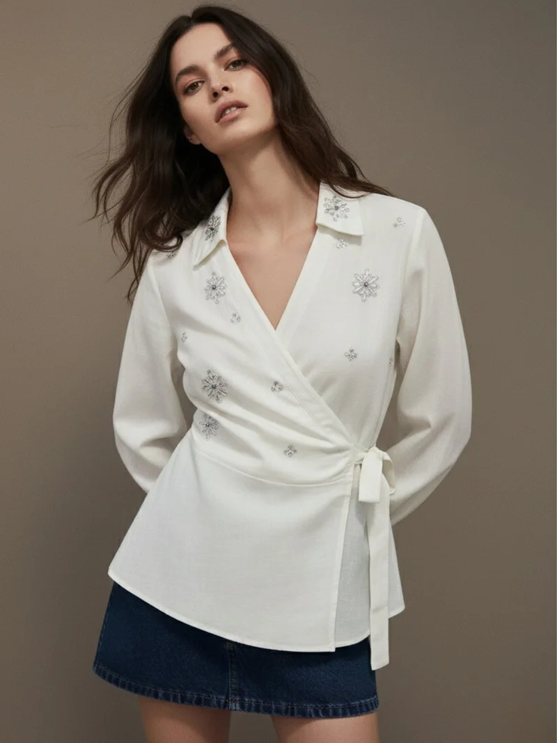 Outzidr  Off White Party Shirt With Han Embellished Detail for Women | Best Price UAE