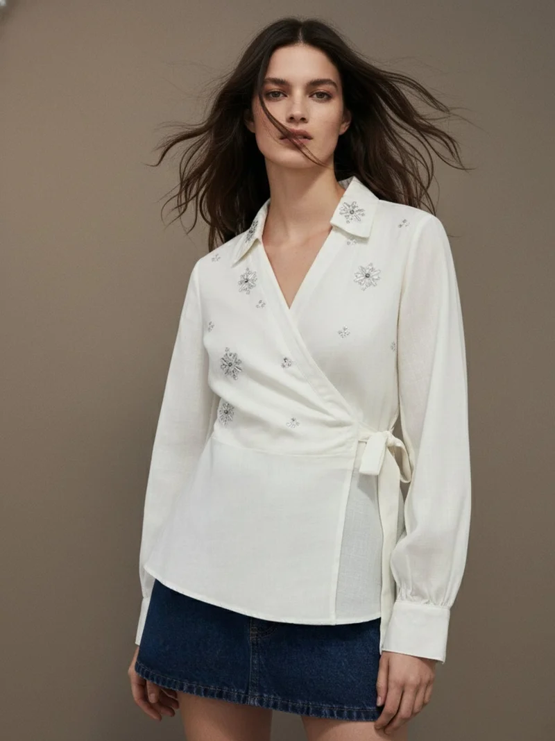 أوجيدر Off White Party Shirt With Han Embellished Detail