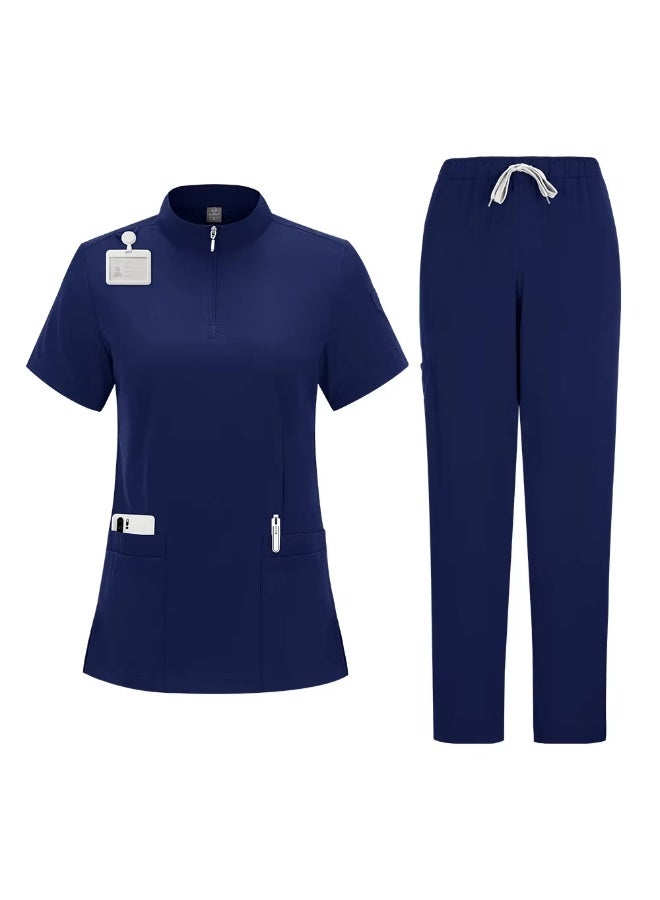Loquat Womens Medical Scrubs Single Top Medical Uniform Single Printed Top Navy Blue - Image 1
