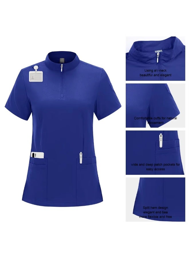 Loquat Womens Medical Scrubs Single Top Medical Uniform Single Printed Top Navy Blue - Image 4