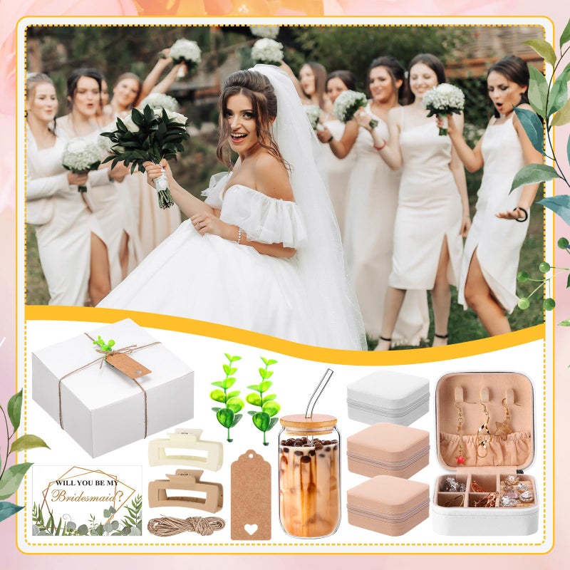 Quelay 56 Pcs 8 Set Bridesmaid Proposal Gift Set, 15 oz Glass Cup, Box, Square Clips, Will You Be My Bridesmaid Invitation Card Gift Box for Bridal Shower Bachelorette Party (Classic,White and Pink) - Image 5