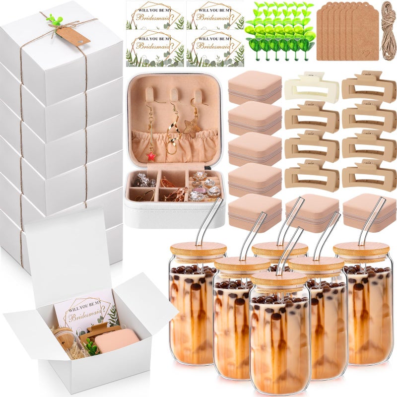 Quelay 56 Pcs 8 Set Bridesmaid Proposal Gift Set, 15 oz Glass Cup, Box, Square Clips, Will You Be My Bridesmaid Invitation Card Gift Box for Bridal Shower Bachelorette Party (Classic,White and Pink) - Image 1