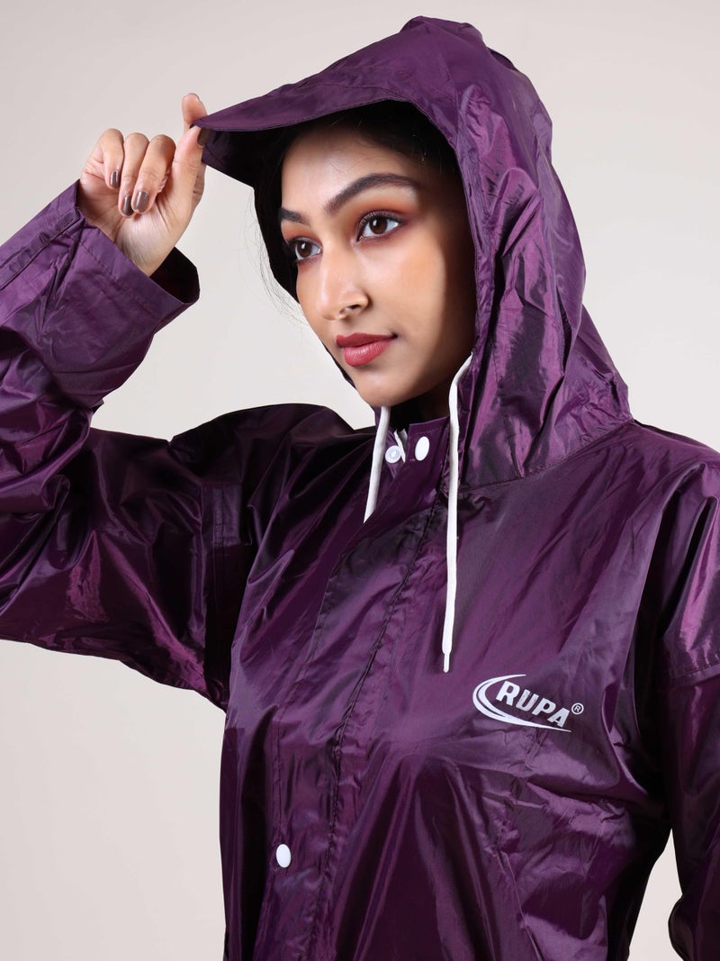 Rupa Women Plain Waterproof Rain Coat in Polyester fabric with Adjustable Hood & Flap-Covered Zip - Image 2