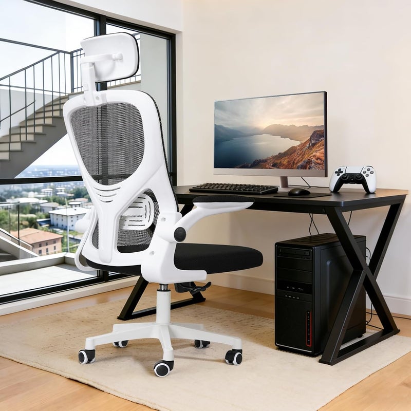 Ergonomic Office Chair,Height adjustable Gaming Chair, Breathable Mesh Design High Back Desk Chair with Flexible Headrest, Swivel Padded Armrest, Lumbar Support, Tit, White - Image 2