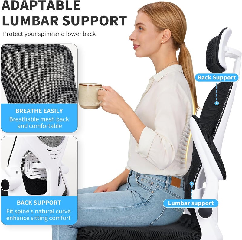 Ergonomic Office Chair,Height adjustable Gaming Chair, Breathable Mesh Design High Back Desk Chair with Flexible Headrest, Swivel Padded Armrest, Lumbar Support, Tit, White - Image 5