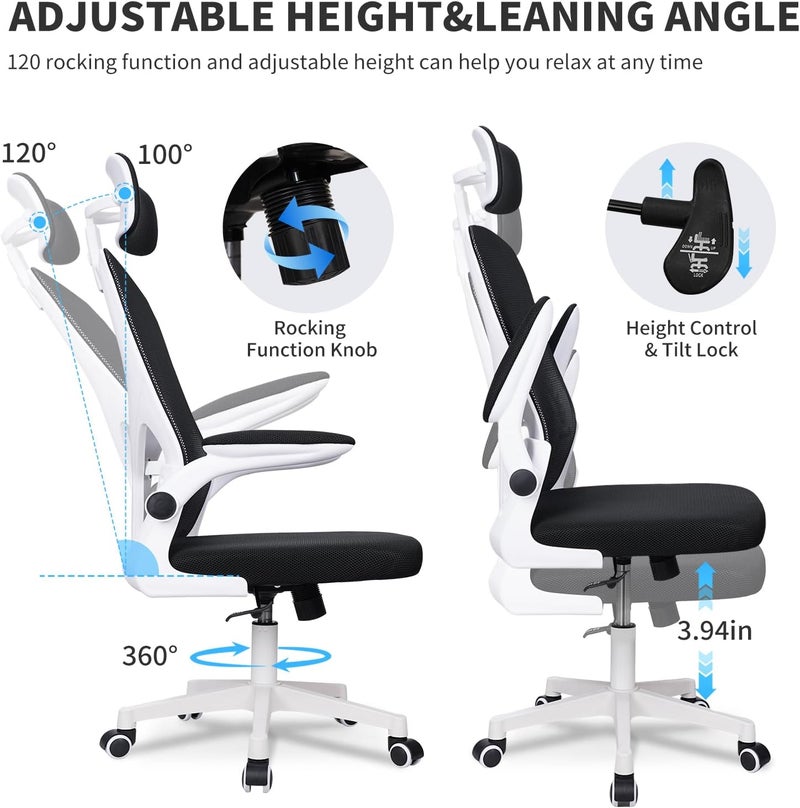 Ergonomic Office Chair,Height adjustable Gaming Chair, Breathable Mesh Design High Back Desk Chair with Flexible Headrest, Swivel Padded Armrest, Lumbar Support, Tit, White - Image 4