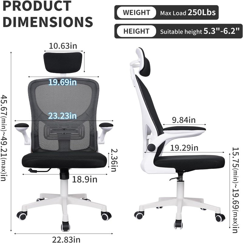 Ergonomic Office Chair,Height adjustable Gaming Chair, Breathable Mesh Design High Back Desk Chair with Flexible Headrest, Swivel Padded Armrest, Lumbar Support, Tit, White - Image 3