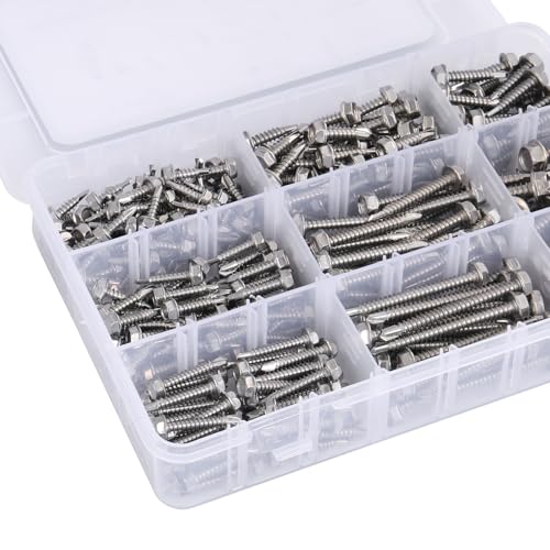 SATANTECH #8#10#14 Self Drilling Screws Assortment Kit,410 Stainless Steel Self Tapping Sheet Metal Screws Hex Washer Head,370Pcs Self Tapping Screws for Metal Wood Plastic,1/2" 3/4" 1" 1-1/2" 2" - Image 5