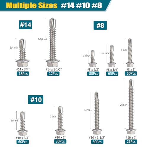 SATANTECH #8#10#14 Self Drilling Screws Assortment Kit,410 Stainless Steel Self Tapping Sheet Metal Screws Hex Washer Head,370Pcs Self Tapping Screws for Metal Wood Plastic,1/2" 3/4" 1" 1-1/2" 2" - Image 2