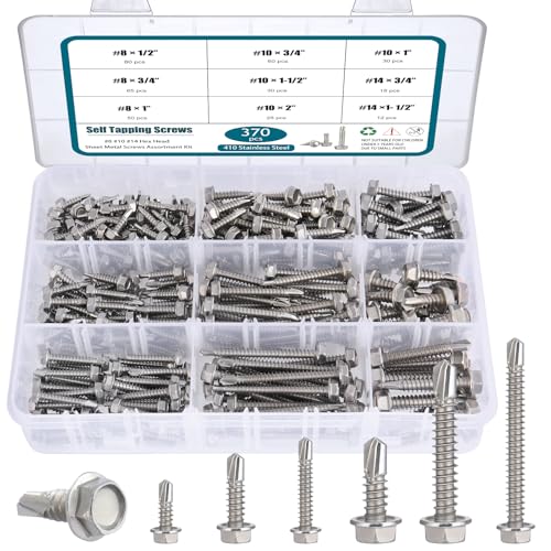 SATANTECH #8#10#14 Self Drilling Screws Assortment Kit,410 Stainless Steel Self Tapping Sheet Metal Screws Hex Washer Head,370Pcs Self Tapping Screws for Metal Wood Plastic,1/2" 3/4" 1" 1-1/2" 2" - Image 1